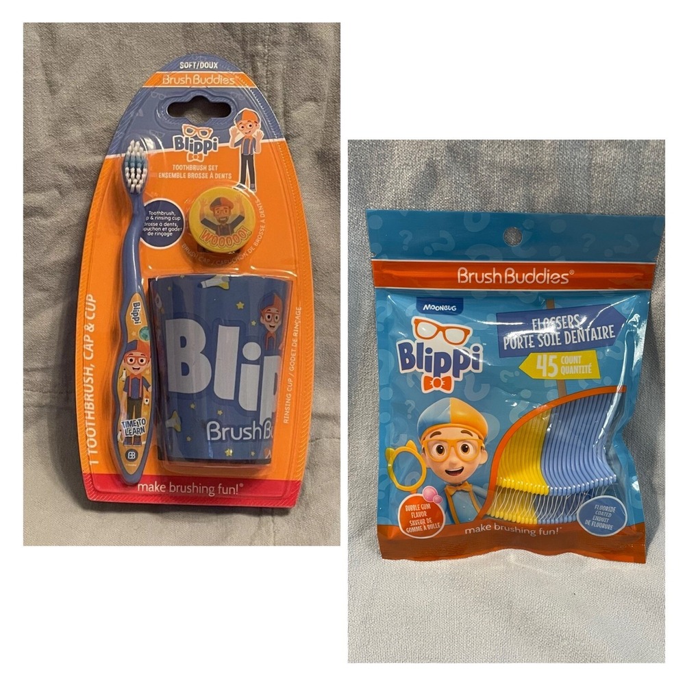 NEW Kid's Blippi Brush‎ Buddies Soft Toothbrush, Cup, Flossers, & Cap Set